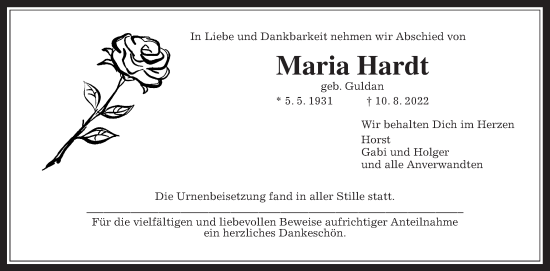 Traueranzeige von Maria Hardt von Giessener Anzeiger
