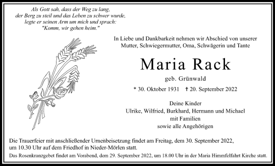 Traueranzeige von Maria Rack von Wetterauer Zeitung