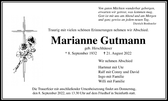 Traueranzeige von Marianne Gutmann von Wetterauer Zeitung