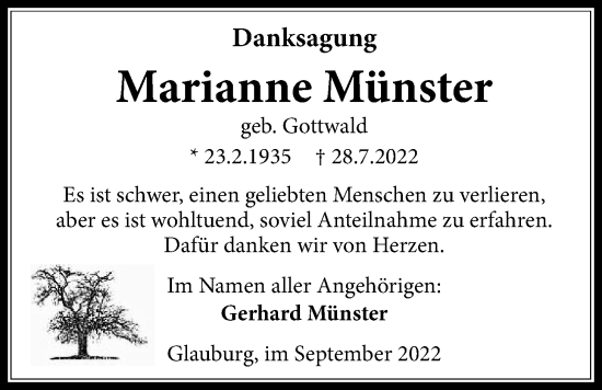 Traueranzeige von Marianne Münster von Kreis-Anzeiger