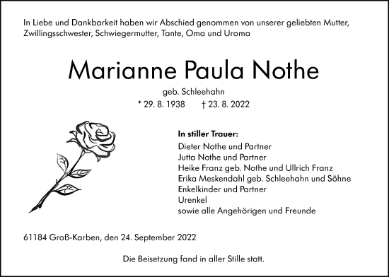 Traueranzeige von Marianne Paula Nothe von Wetterauer Zeitung