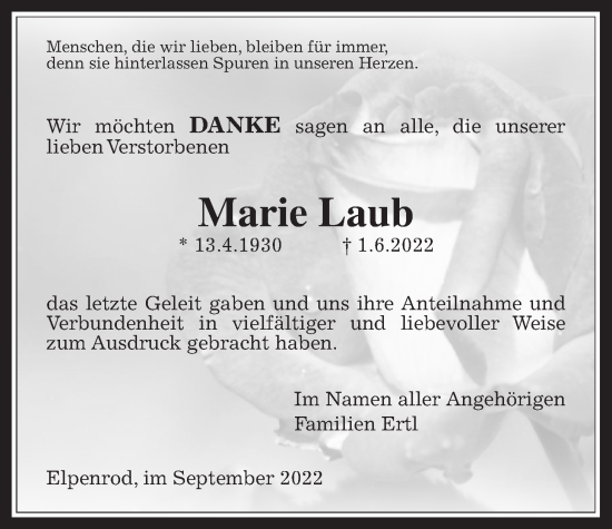 Traueranzeige von Marie Laub von Alsfelder Allgemeine