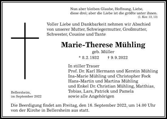 Traueranzeige von Marie-Therese Mühling von Licher Wochenblatt