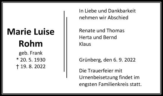 Traueranzeige von Marie Luise Rohm von Giessener Allgemeine, Alsfelder Allgemeine