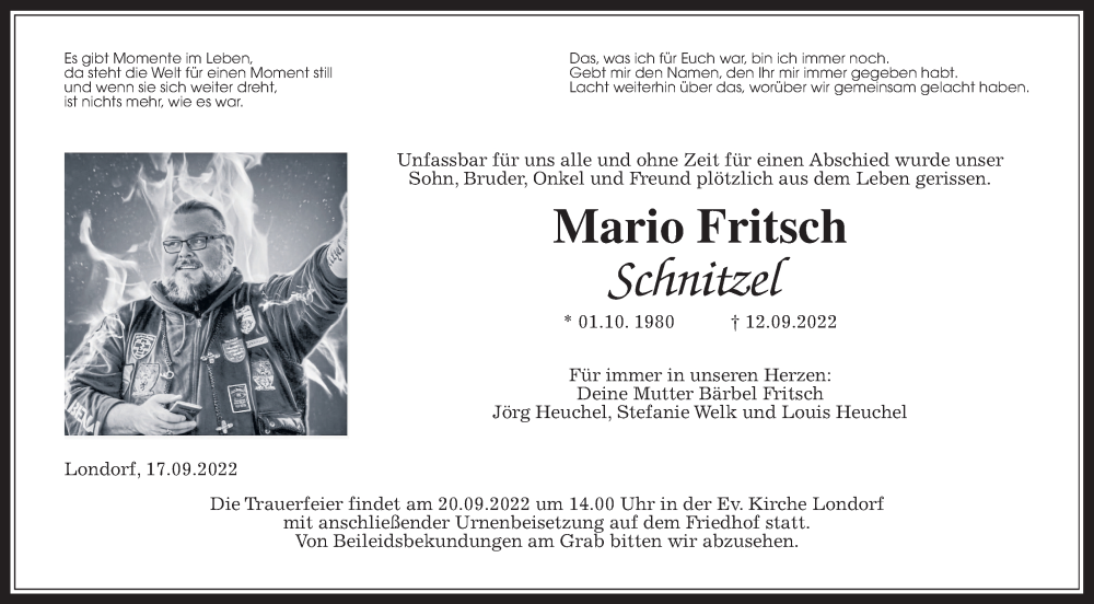  Traueranzeige für Mario Fritsch vom 17.09.2022 aus Giessener Allgemeine, Alsfelder Allgemeine