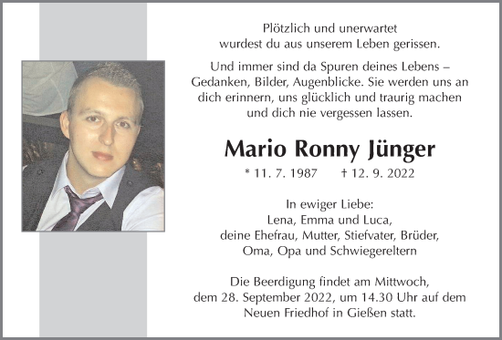 Traueranzeige von Mario Ronny Jünger von Giessener Anzeiger