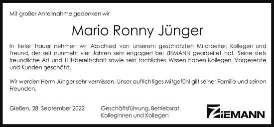 Traueranzeige von Mario Ronny Jünger von Giessener Allgemeine, Alsfelder Allgemeine