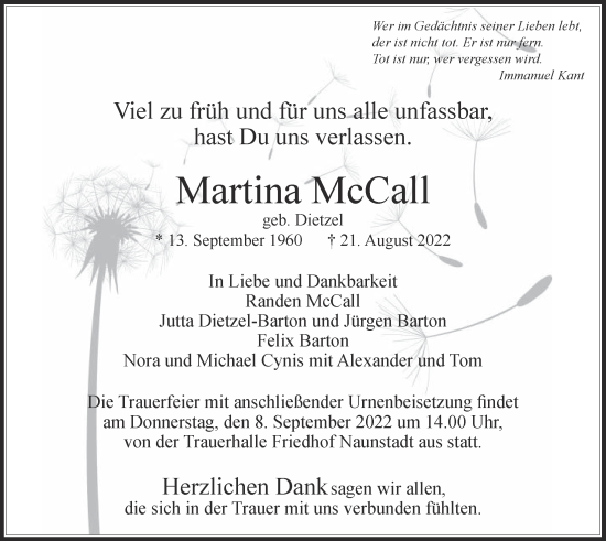 Traueranzeige von Martina McCall von Usinger Anzeiger