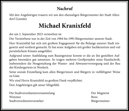 Traueranzeige von Michael Kranixfeld von Giessener Anzeiger, Giessener Allgemeine, Alsfelder Allgemeine