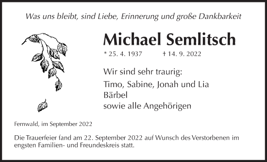 Traueranzeige von Michael Semlitsch von Giessener Allgemeine, Alsfelder Allgemeine, Giessener Anzeiger