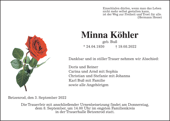 Traueranzeige von Minna Köhler von Kreis-Anzeiger
