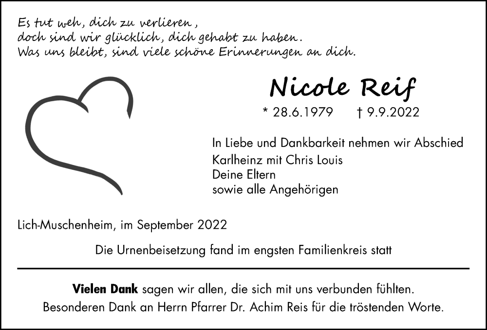  Traueranzeige für Nicole Reif vom 22.09.2022 aus Licher Wochenblatt