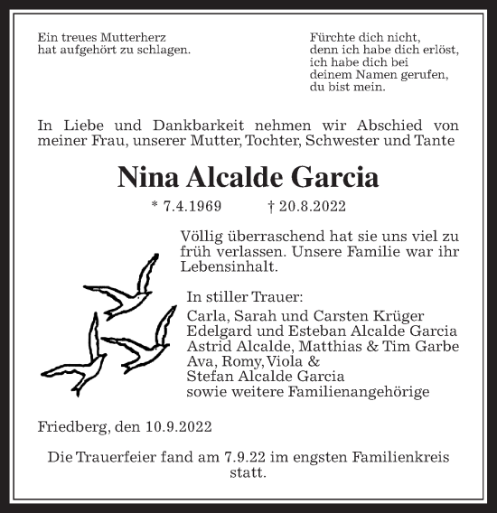 Traueranzeige von Nina Alcalde Garcia von Wetterauer Zeitung
