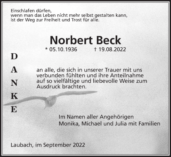 Traueranzeige von Norbert Beck von Laubacher Anzeiger