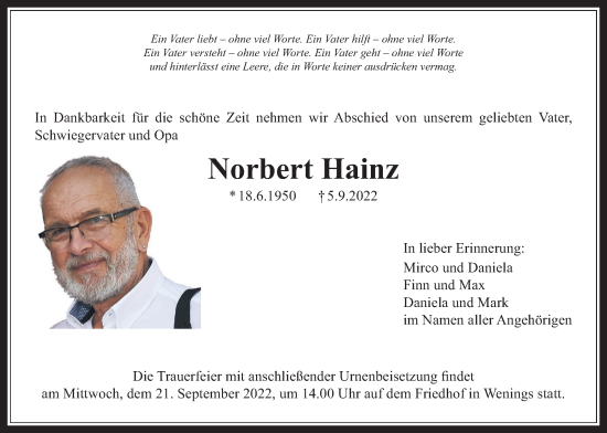 Traueranzeige von Norbert Hainz von Kreis-Anzeiger