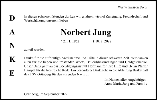 Traueranzeige von Norbert Jung von Giessener Allgemeine, Alsfelder Allgemeine