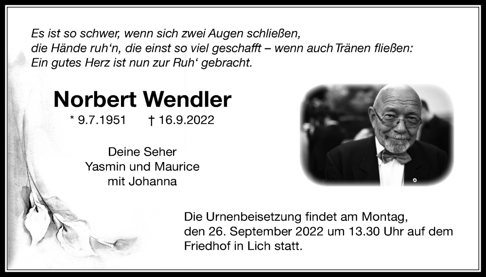  Traueranzeige für Norbert Wendler vom 22.09.2022 aus Licher Wochenblatt