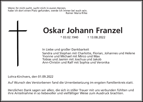 Traueranzeige von Oskar Johann Franzel von Giessener Anzeiger