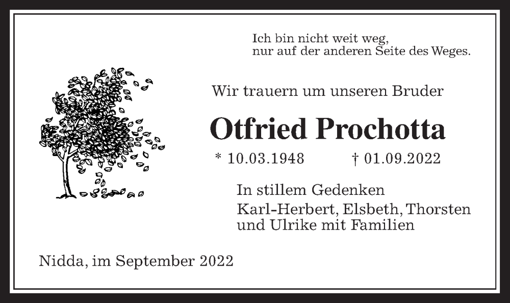  Traueranzeige für Otfried Prochotta vom 17.09.2022 aus Kreis-Anzeiger