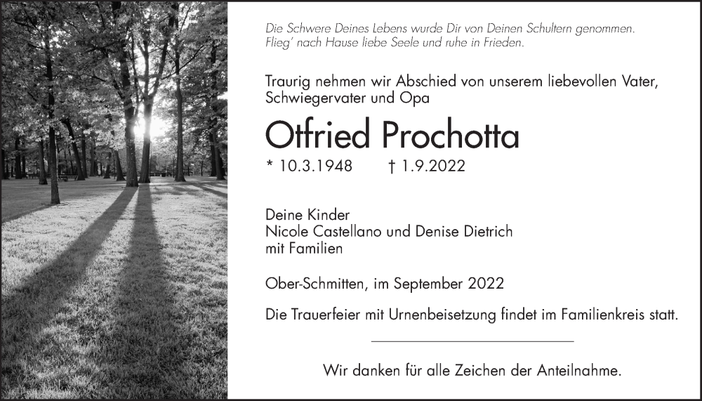  Traueranzeige für Otfried Prochotta vom 10.09.2022 aus Kreis-Anzeiger