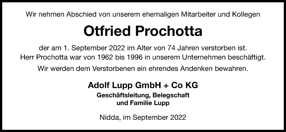  Traueranzeige für Otfried Prochotta vom 10.09.2022 aus Kreis-Anzeiger