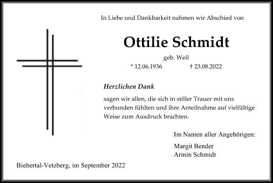Traueranzeige von Ottilie Schmidt von Giessener Allgemeine, Alsfelder Allgemeine