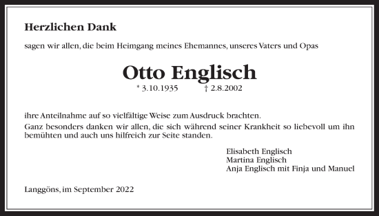 Traueranzeige von Otto Englisch von Giessener Allgemeine, Alsfelder Allgemeine