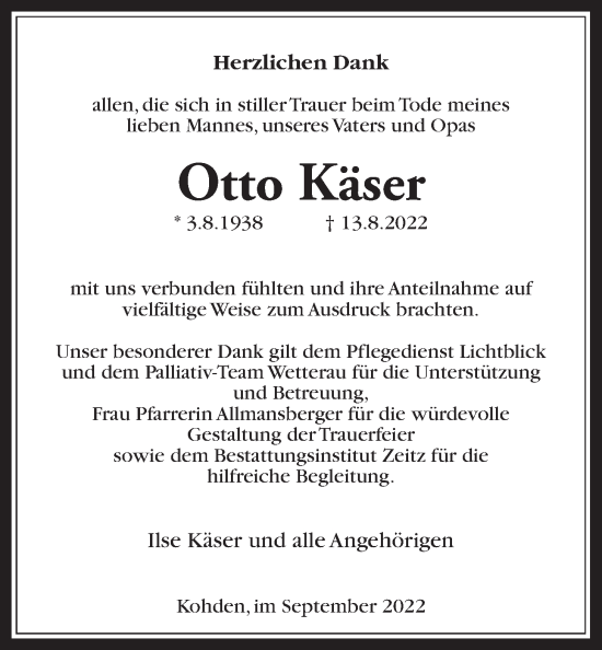 Traueranzeige von Otto Käser von Kreis-Anzeiger