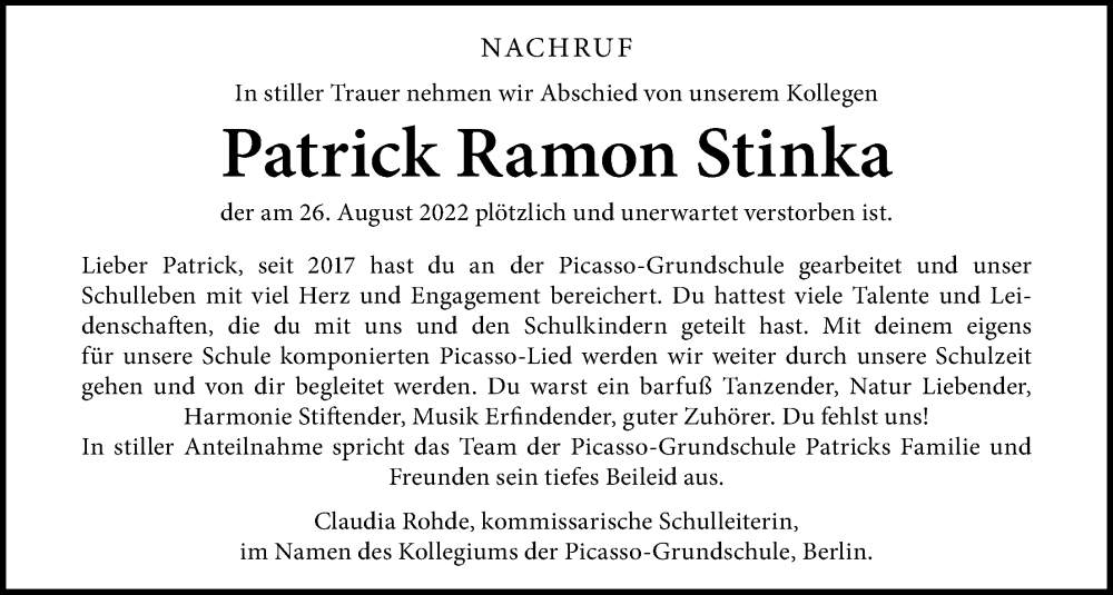  Traueranzeige für Patrick Ramon Stinka vom 19.09.2022 aus Giessener Allgemeine, Alsfelder Allgemeine