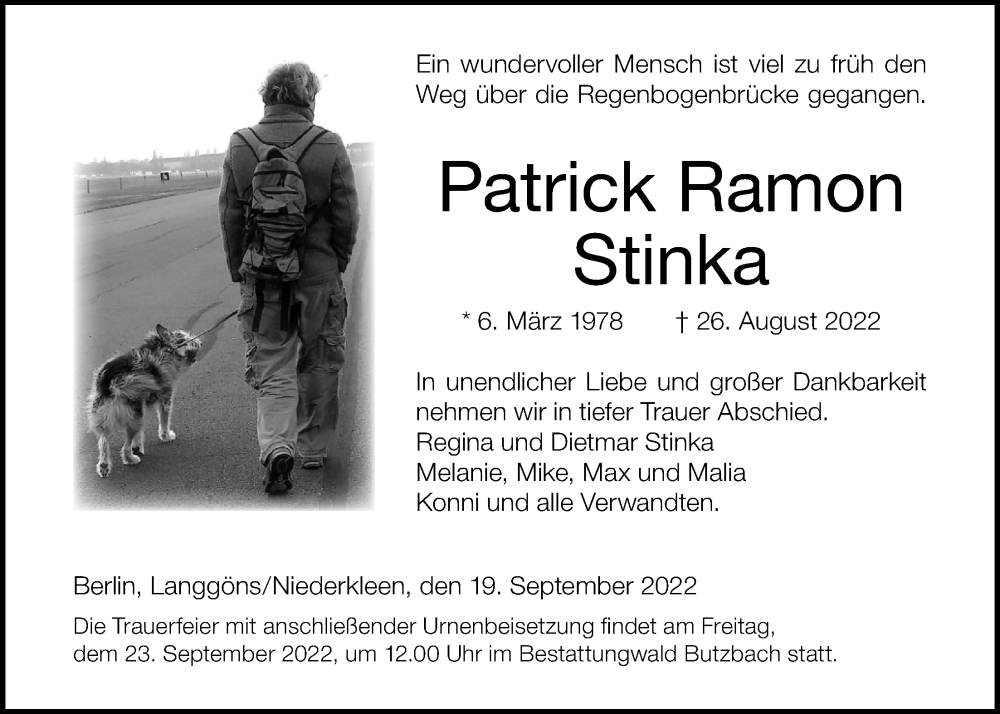  Traueranzeige für Patrick Ramon Stinka vom 19.09.2022 aus Giessener Allgemeine, Alsfelder Allgemeine