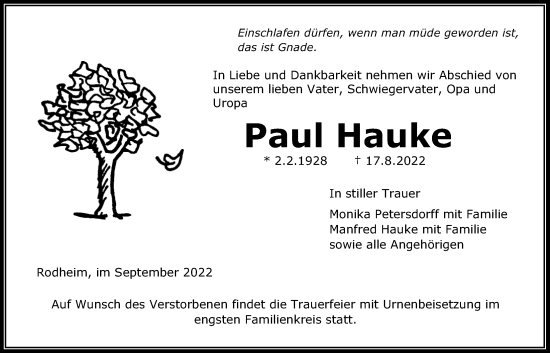 Traueranzeige von Paul Hauke von Giessener Allgemeine, Alsfelder Allgemeine
