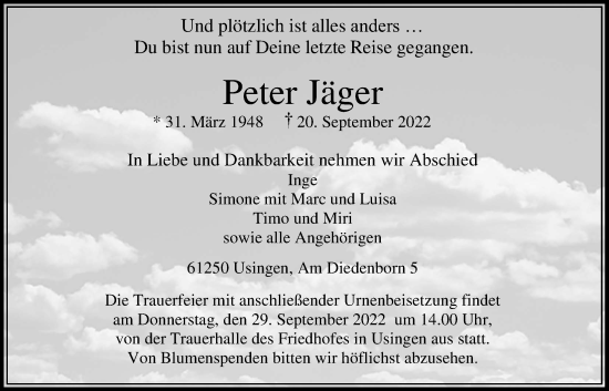 Traueranzeige von Peter Jäger von Usinger Anzeiger