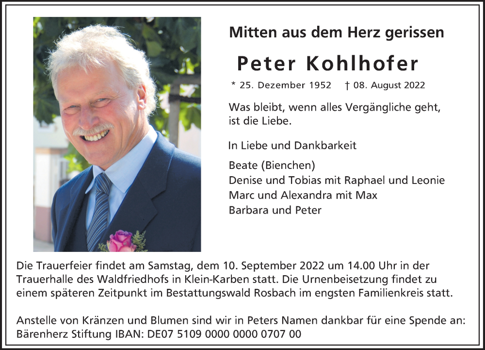  Traueranzeige für Peter Kohlhofer vom 01.09.2022 aus Bad Vilbel/Karben