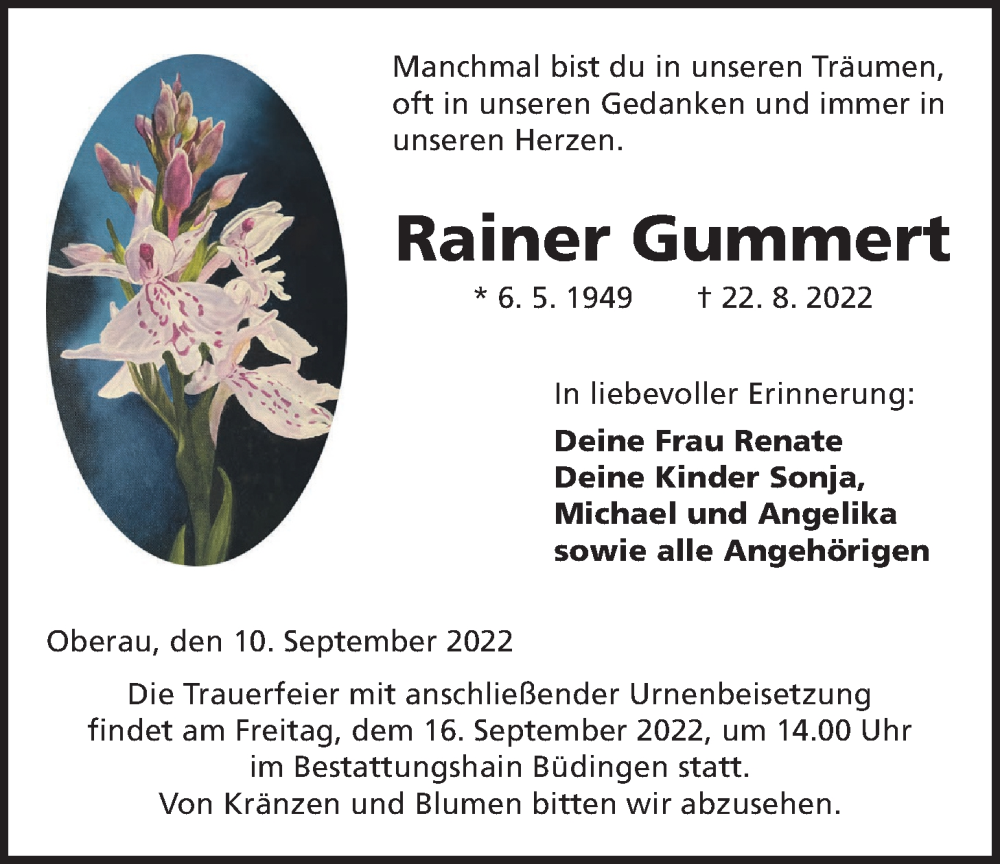  Traueranzeige für Rainer Gummert vom 10.09.2022 aus Kreis-Anzeiger