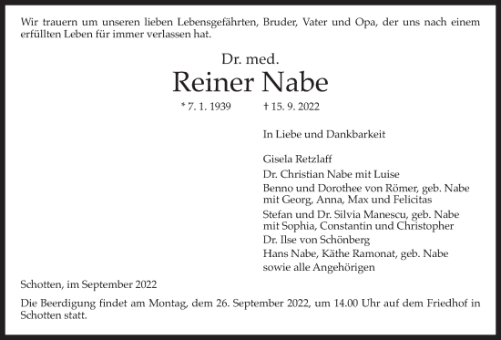 Traueranzeige von Reiner Nabe von Kreis-Anzeiger