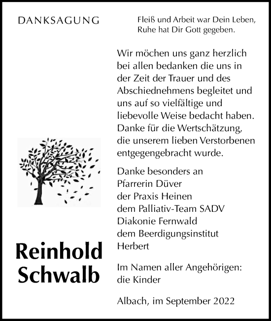 Traueranzeige von Reinhold Schwalb von Giessener Allgemeine, Alsfelder Allgemeine, Giessener Anzeiger