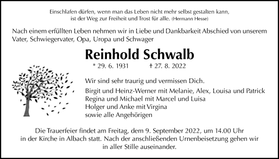 Traueranzeige von Reinhold Schwalb von Giessener Anzeiger, Giessener Allgemeine, Alsfelder Allgemeine