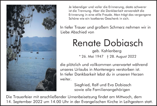 Traueranzeige von Renate Dobiasch von Giessener Anzeiger, Giessener Allgemeine, Alsfelder Allgemeine
