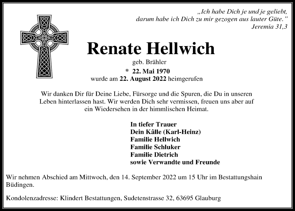  Traueranzeige für Renate Hellwich vom 10.09.2022 aus Kreis-Anzeiger