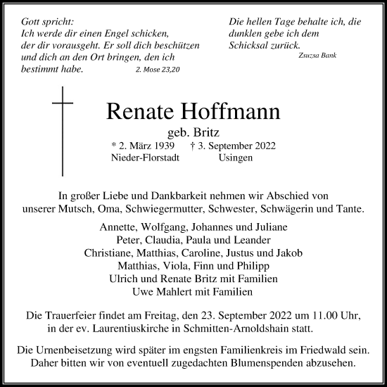 Traueranzeige von Renate Hoffmann von Usinger Anzeiger