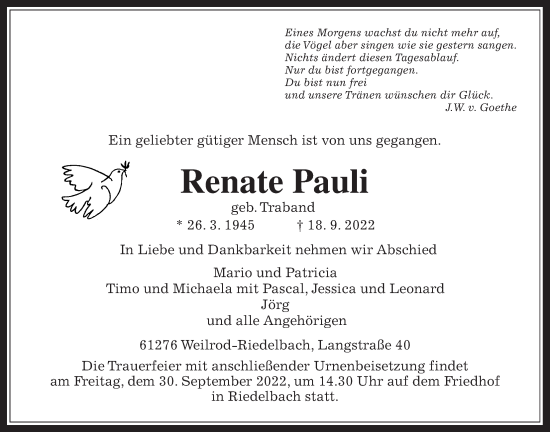 Traueranzeige von Renate Pauli von Usinger Anzeiger