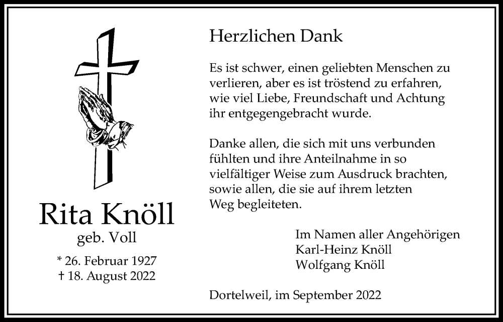 Traueranzeige für Rita Knöll vom 22.09.2022 aus Bad Vilbel/Karben