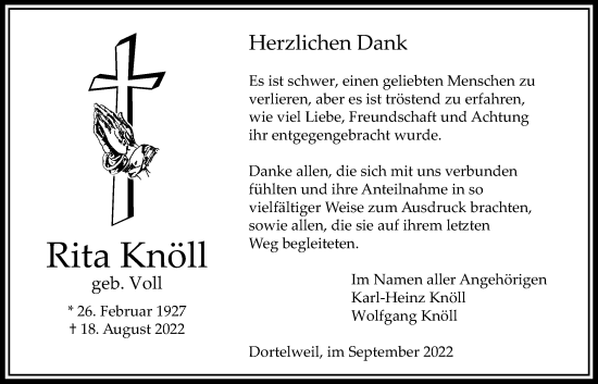 Traueranzeige von Rita Knöll von Bad Vilbel/Karben