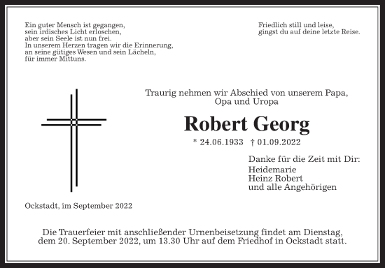 Traueranzeige von Robert Georg von Wetterauer Zeitung