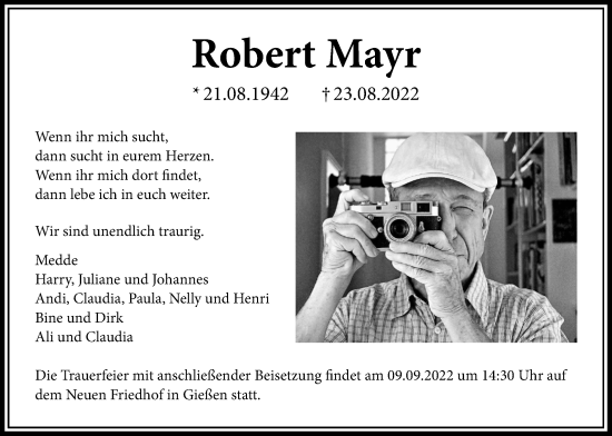 Traueranzeige von Robert Mayr von Giessener Anzeiger, Giessener Allgemeine, Alsfelder Allgemeine