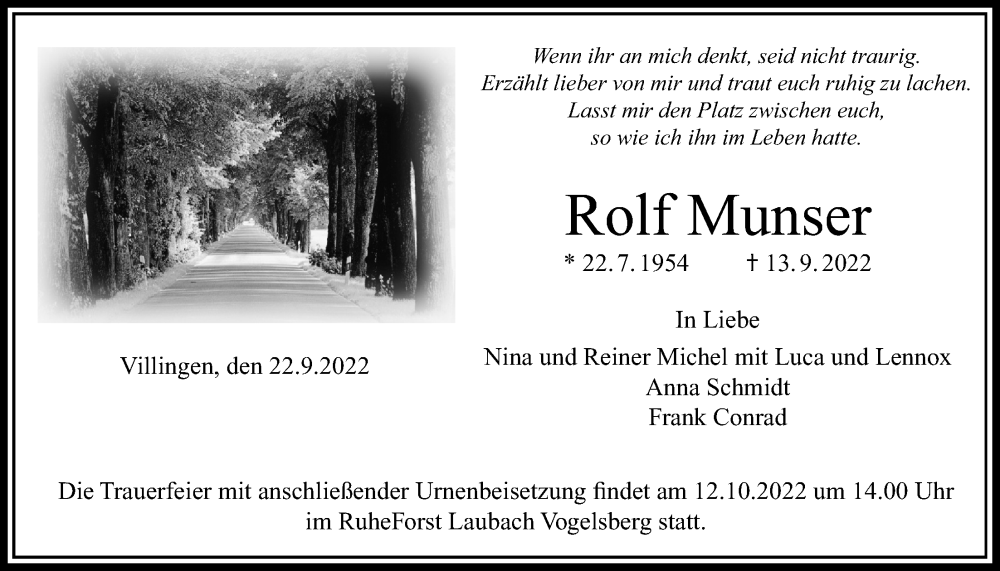  Traueranzeige für Rolf Munser vom 22.09.2022 aus Licher Wochenblatt