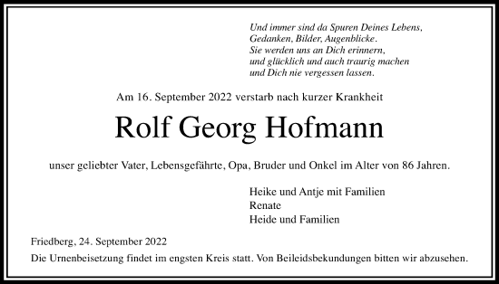 Traueranzeige von Rolf Georg Hofmann von Wetterauer Zeitung