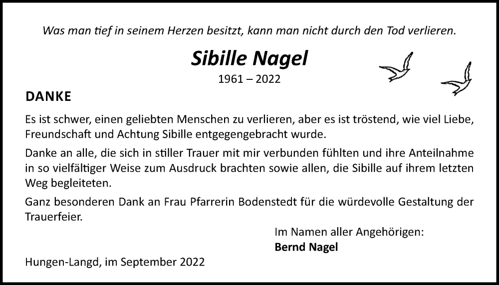  Traueranzeige für Sibille Nagel vom 22.09.2022 aus Licher Wochenblatt
