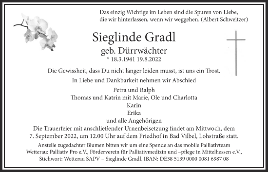 Traueranzeige von Sieglinde Gradl von Bad Vilbel/Karben