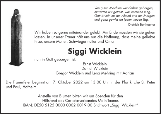 Traueranzeige von Siggi Wicklein 